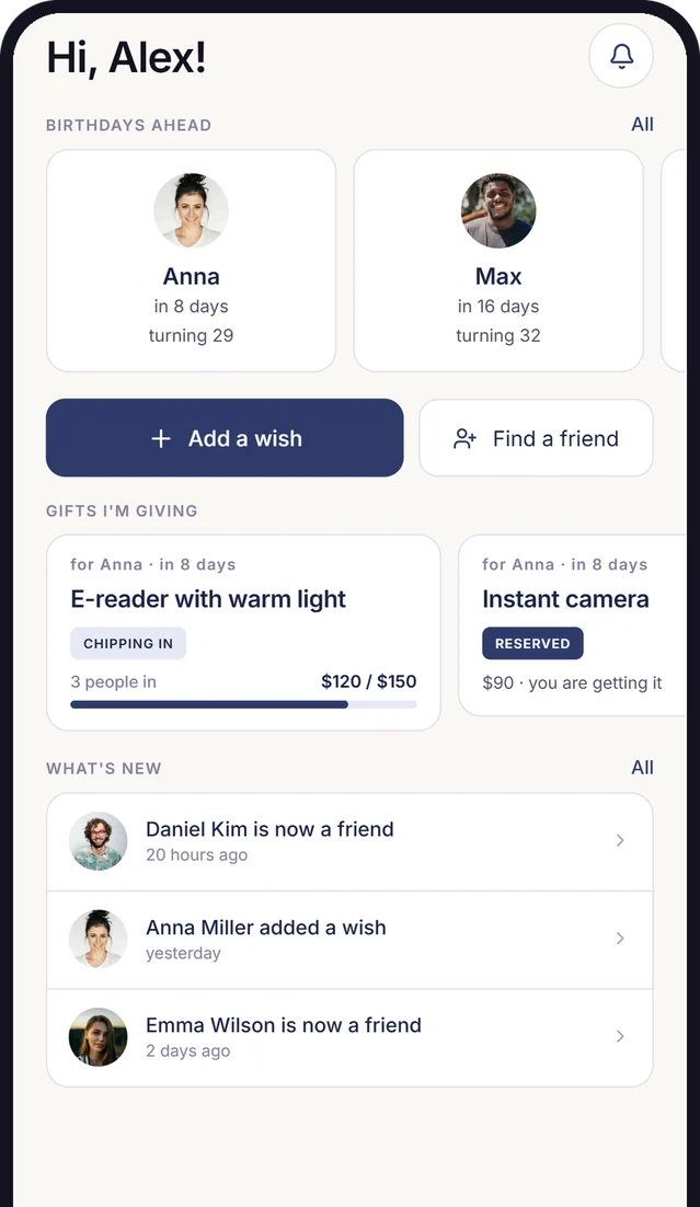 GiftJar home screen: upcoming birthdays, the gifts you're giving and what's new with friends