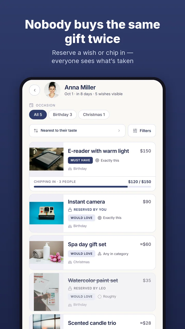 Nobody buys the same gift twice: a friend's wish list with reservations and a group gift in progress