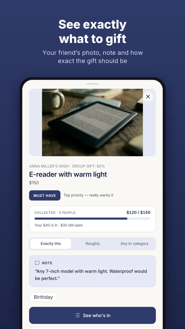 See exactly what to gift: your friend's photo, note and how exact the gift should be