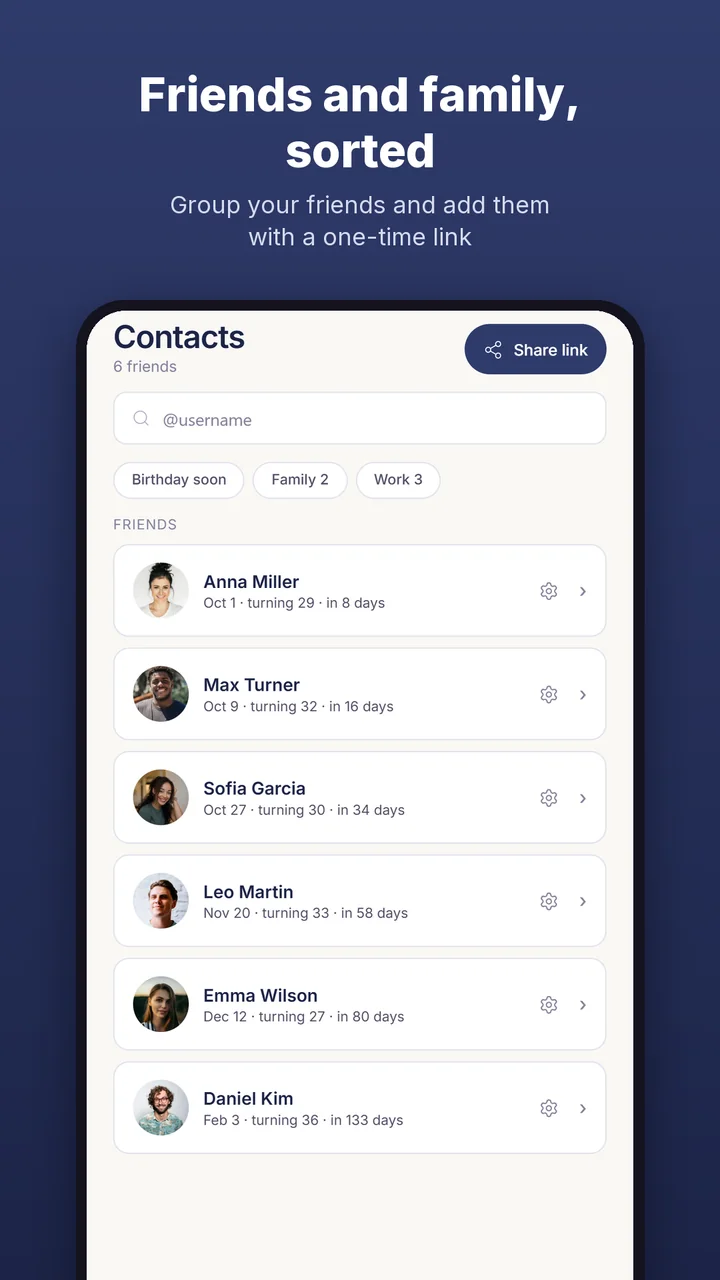 Friends and family, sorted: group your friends and add them with a one-time link